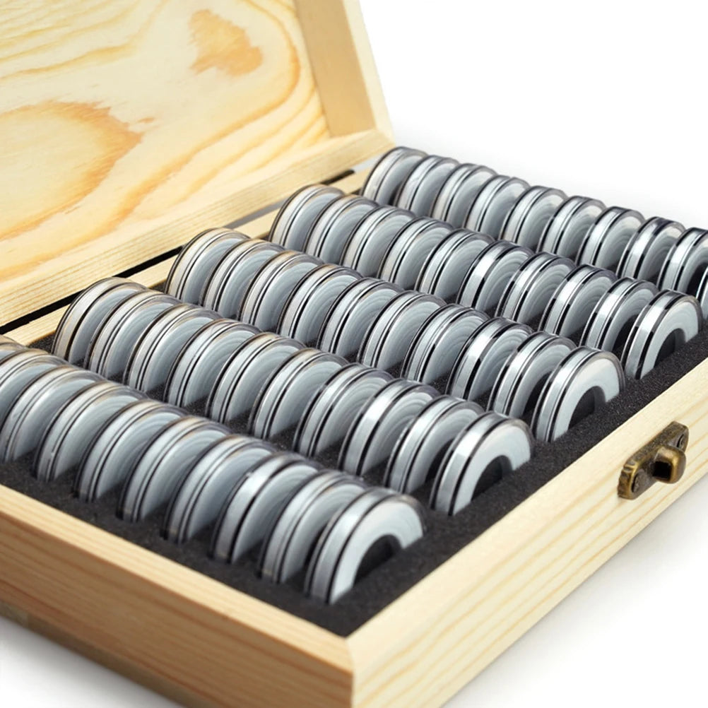 50Pcs Coin Holder Case With Wooden Storage Box Round Coin Capsules Commemorative Coin Holder Coin Display Case Organizer