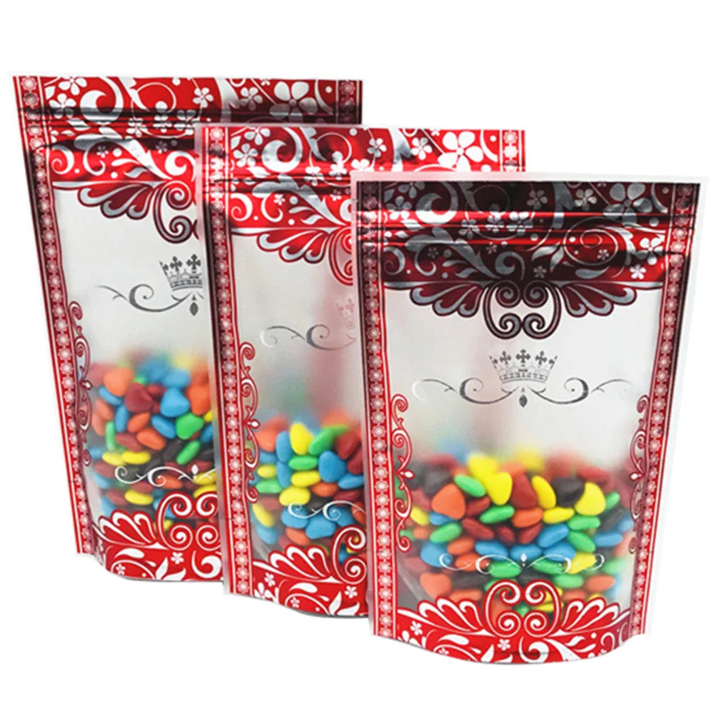 100Pcs/Lot Plastic Stand Up Pouches Ziplock Food Packaging Bags with Window Resealable Tear Notch for Nuts Snacks Coffee Bean