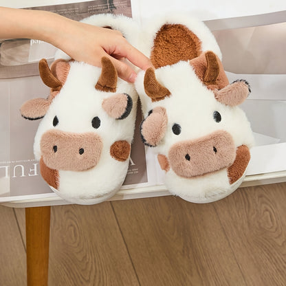 Cozy Home Cute Cartoon Cow Plush Half-Wrap Slippers, Couple's Matching Thickened Warm