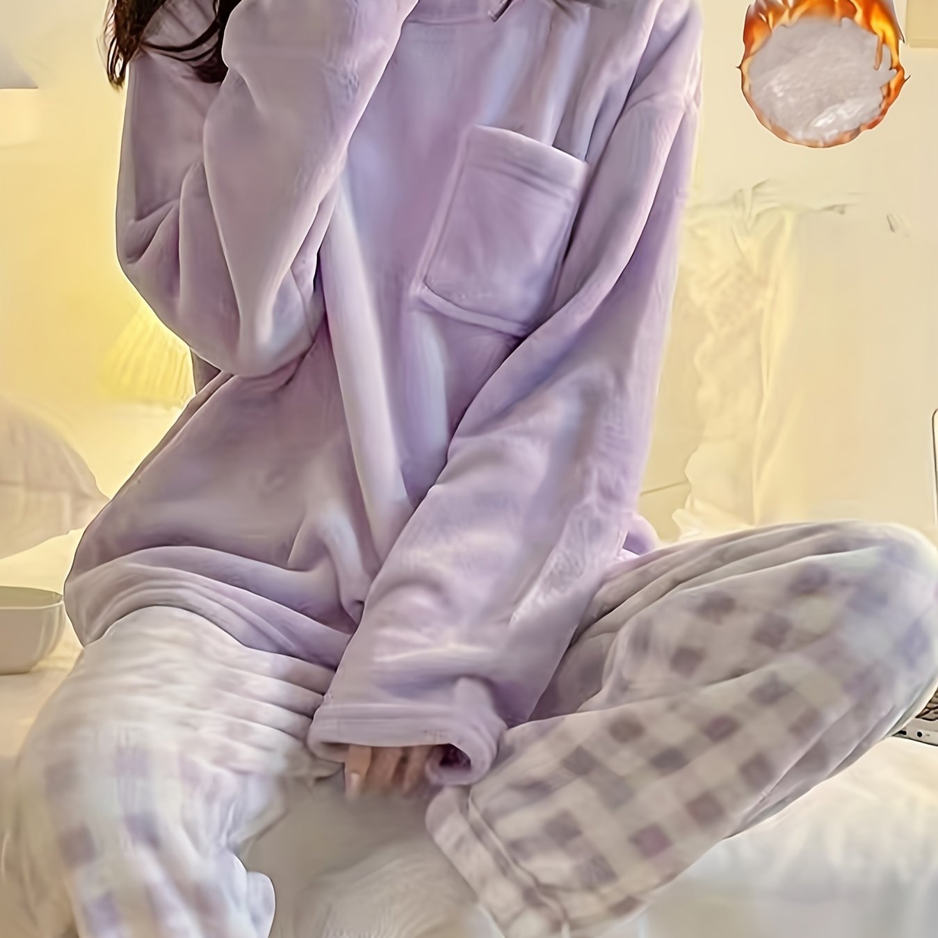 Velvet Plaid Winter Warm Pajama Set, Solid Color Casual Home Wear Set