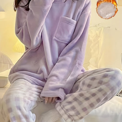 Velvet Plaid Winter Warm Pajama Set, Solid Color Casual Home Wear Set