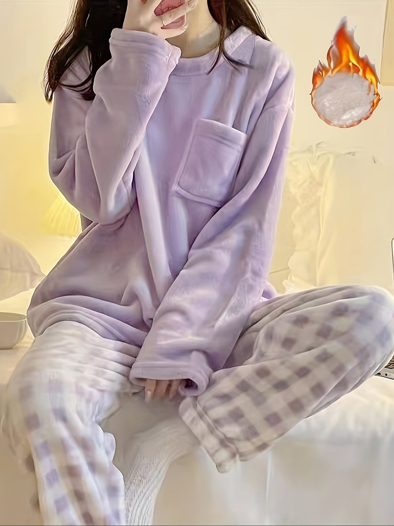 Velvet Plaid Winter Warm Pajama Set, Solid Color Casual Home Wear Set
