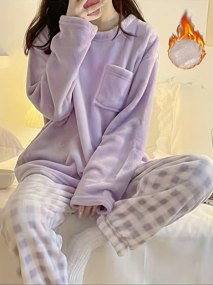 Velvet Plaid Winter Warm Pajama Set, Solid Color Casual Home Wear Set
