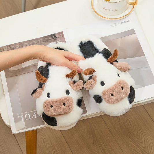 Cozy Home Cute Cartoon Cow Plush Half-Wrap Slippers, Couple's Matching Thickened Warm