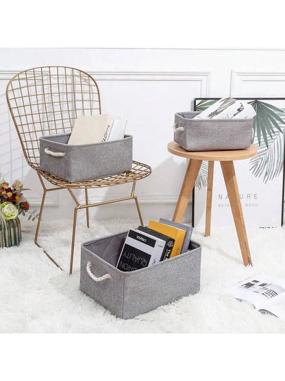 3sizes 1PCS foldable desktop storage basket with large capacity and handle for toys organizer, linen fabric storage basket for d