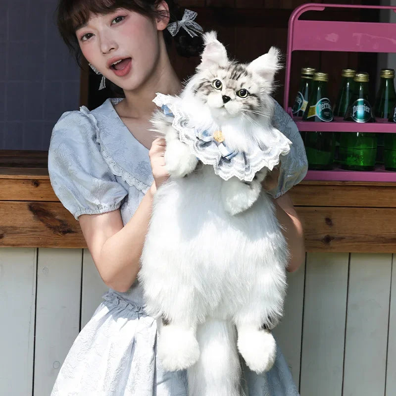Pure Handmade Simulation Plush Cat Backpack Trendy And Cute White Cat Shoulder Bag For Women Exquisite Birthday Gifts For Girl