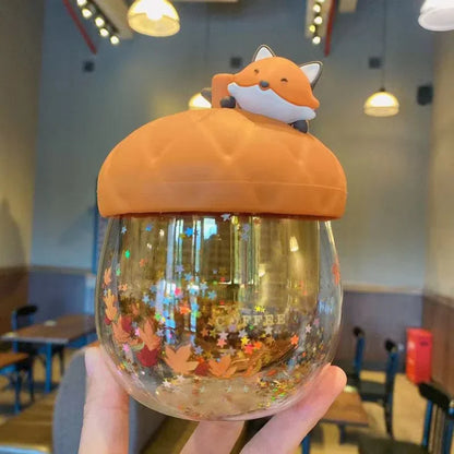 245ml New Autumn Maple Leaf Acorn Cute Fox Double Sequined Glass Coffee Cup Anti-scalding Gift Cup Water Bottle Kawaii Bottle
