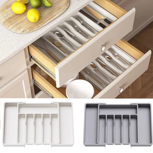 Expandable Utensil Tray Adjustable Plastic Silverware Organizer Spoons Forks Knives Cutlery Holder Kitchen Gadgets