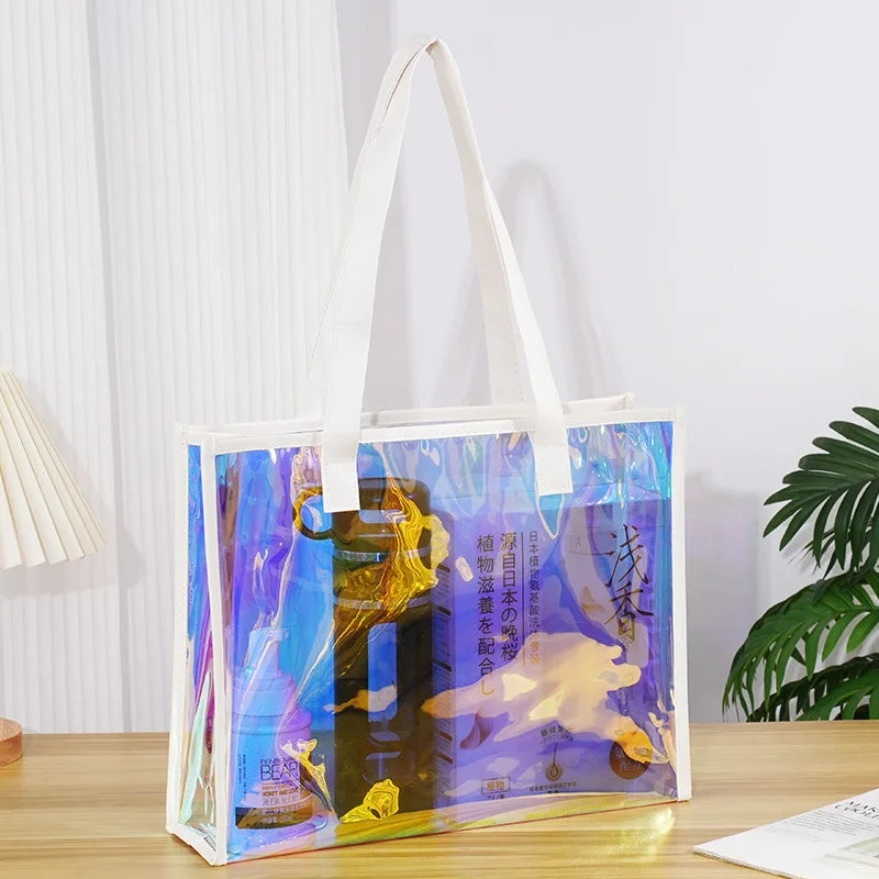 Iridescent Laser bag custom pattern transparent waterproof shoulder tote bag jelly bag hand carrying gift bag pvc plastic bag
