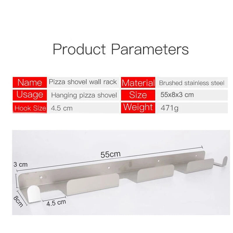 SHANGPEIXUAN Pizza Peel Wall Rack Brushed Stainless Steel Pizza Peel Wall Mounted Hanger Heavy Duty Pizza Shovel Holder Rack