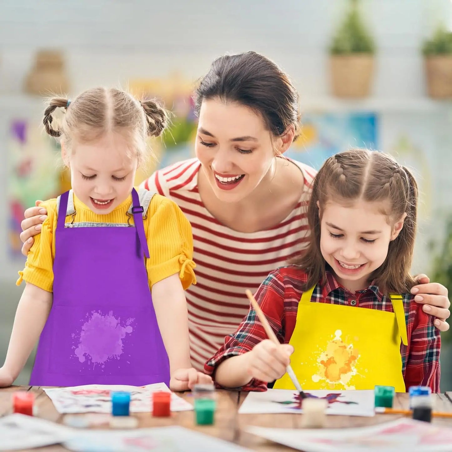6-12 Pack Kids Painting Aprons with 2 Pockets Adjustable Chef Art Apron for Cooking Baking Painting Crafting Christmas Party