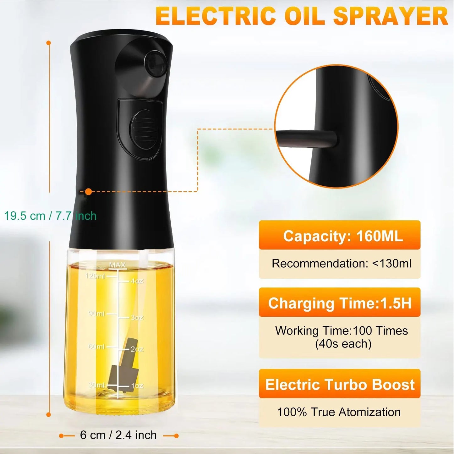 Electric Oil Sprayer Kitchen Utensils Oil Sprayer USB Charging BBQ Novelty Accessories Dispenser Glass Bottle Olive Oil Sprayer
