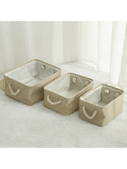 3sizes 1PCS foldable desktop storage basket with large capacity and handle for toys organizer, linen fabric storage basket for d
