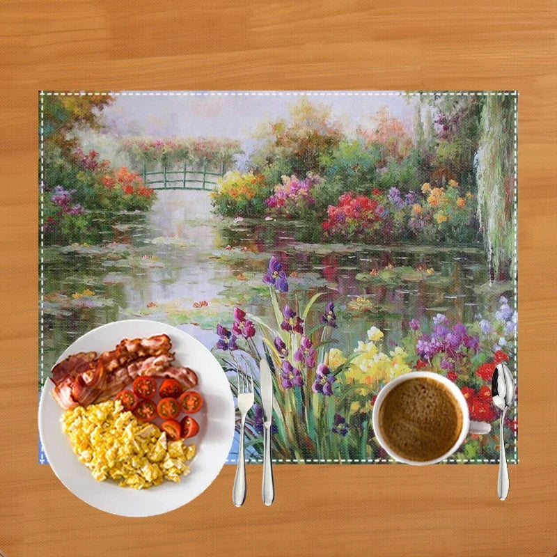 Famous Oil Painting By Claude Monet Table Mats Waterlily Lotus Flower Coffee Cup Pads Kitchen Accessories Linen Dining Placemat