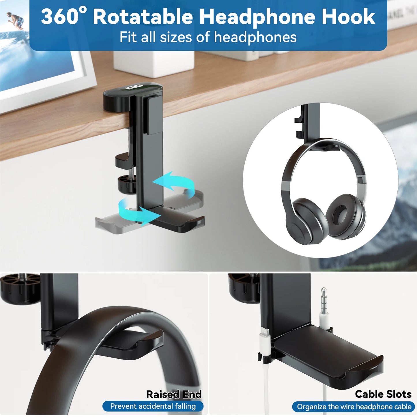 KDD 2 in 1 Replaceable Cup Holder Under Desk Clamp Headphone Stand Rotatable Headset Hanger Cup & Headset Storage