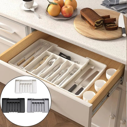 Expandable Utensil Tray Adjustable Plastic Silverware Organizer Spoons Forks Knives Cutlery Holder Kitchen Gadgets
