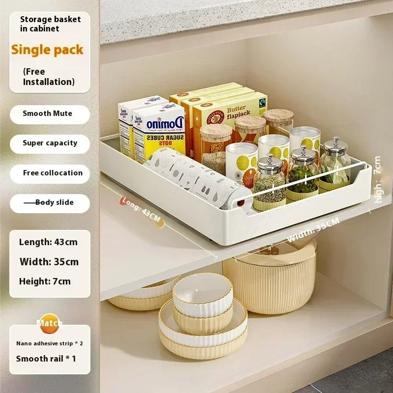 Kitchen Storage Rack with Slide Rail Pull-out Nail Free Installation High Temperature Resistant Practical Simple Storage Box