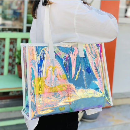 Iridescent Laser bag custom pattern transparent waterproof shoulder tote bag jelly bag hand carrying gift bag pvc plastic bag