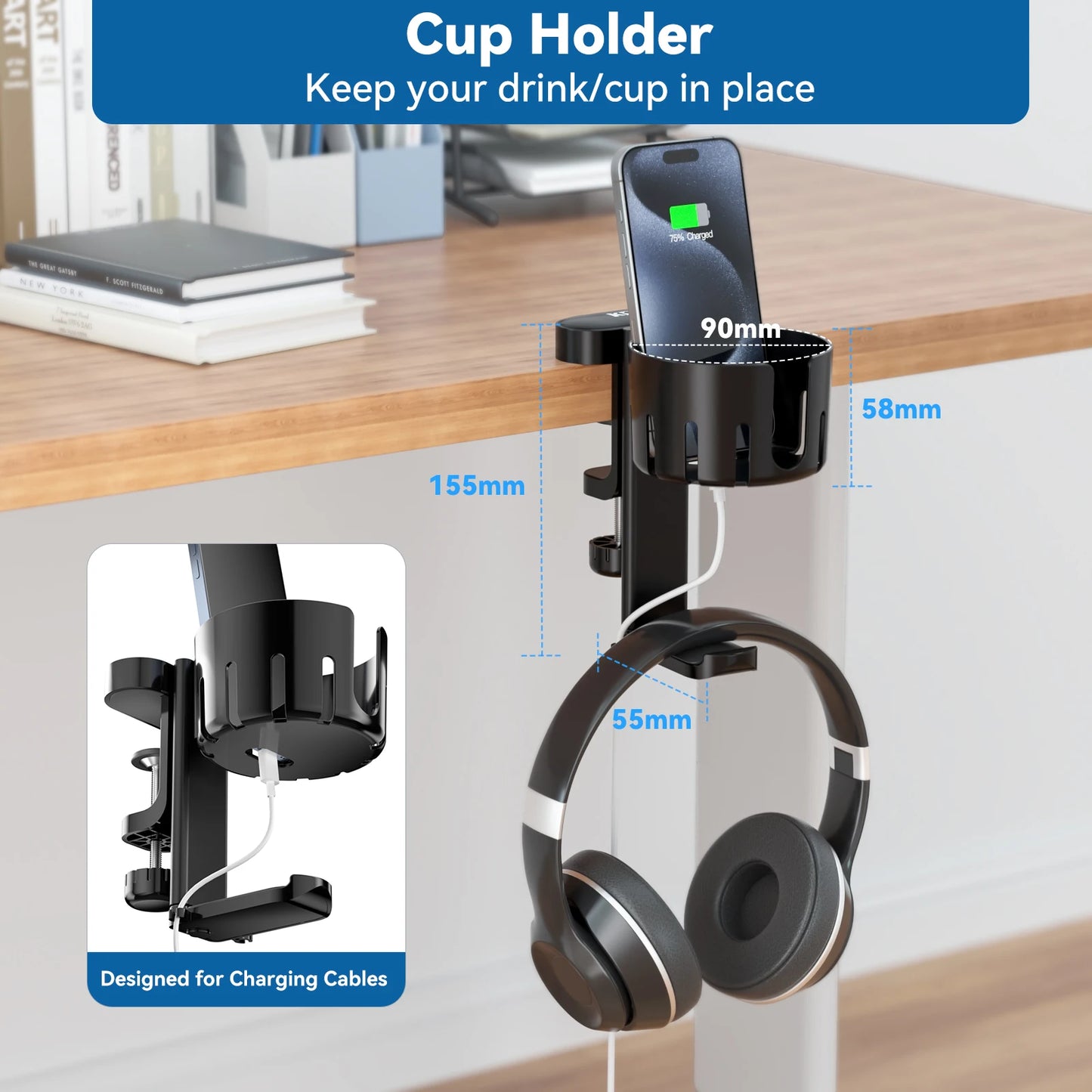 KDD 2 in 1 Replaceable Cup Holder Under Desk Clamp Headphone Stand Rotatable Headset Hanger Cup & Headset Storage