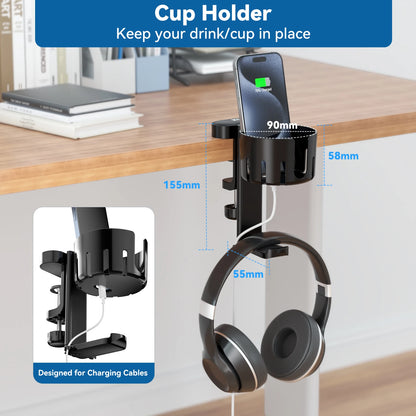 KDD 2 in 1 Replaceable Cup Holder Under Desk Clamp Headphone Stand Rotatable Headset Hanger Cup & Headset Storage