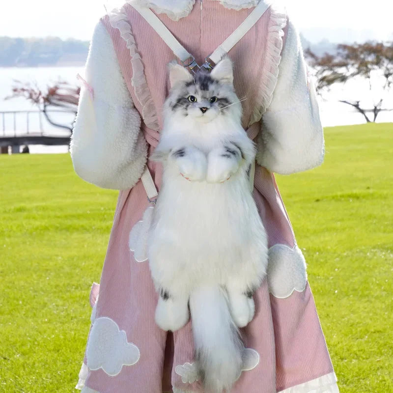 Pure Handmade Simulation Plush Cat Backpack Trendy And Cute White Cat Shoulder Bag For Women Exquisite Birthday Gifts For Girl