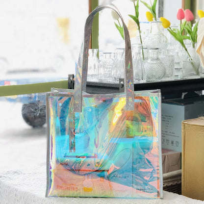 Iridescent Laser bag custom pattern transparent waterproof shoulder tote bag jelly bag hand carrying gift bag pvc plastic bag