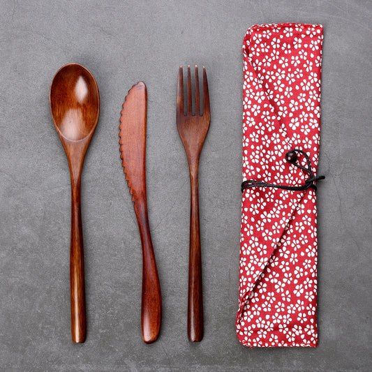 Portable Bamboo Wooden Cutlery Reusable Flatware With Bags Spoon Fork Cutter Dinnerware Tableware New
