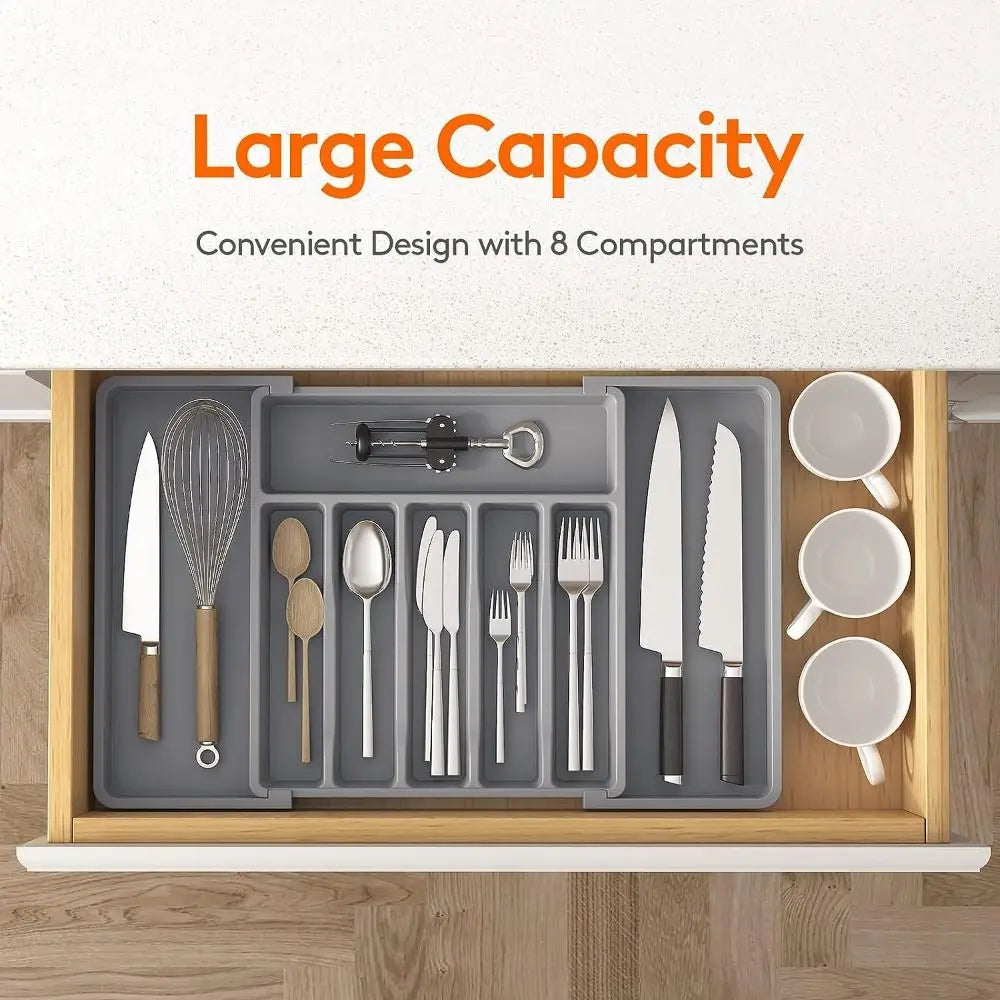 Expandable Utensil Tray Adjustable Plastic Silverware Organizer Spoons Forks Knives Cutlery Holder Kitchen Gadgets