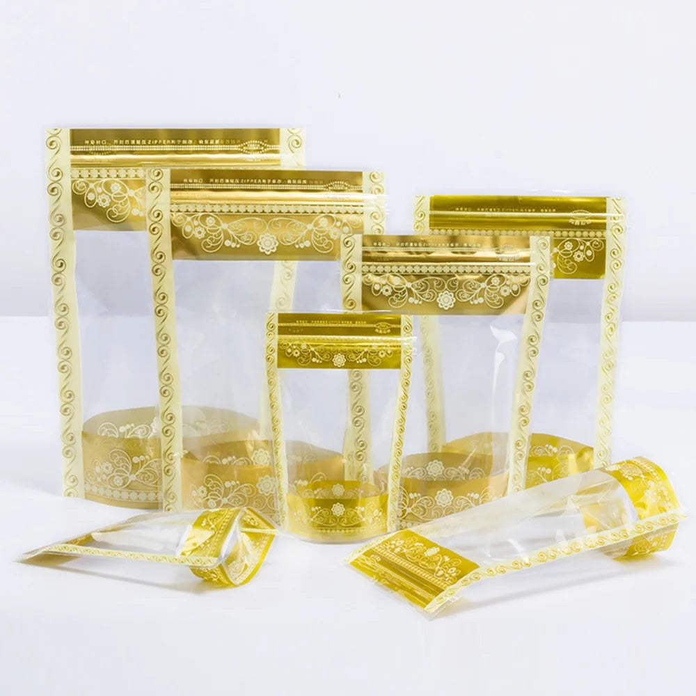 100Pcs/Lot Plastic Stand Up Pouches Ziplock Food Packaging Bags with Window Resealable Tear Notch for Nuts Snacks Coffee Bean