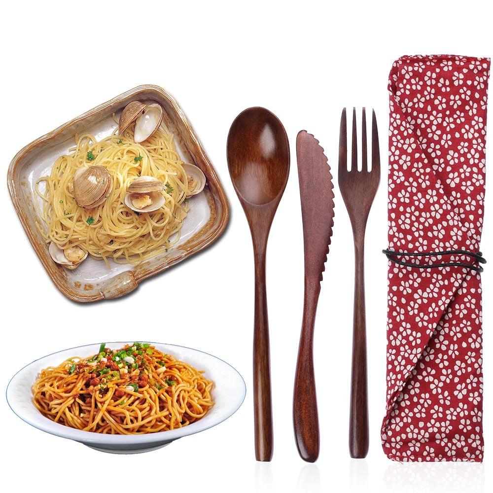 Portable Bamboo Wooden Cutlery Reusable Flatware With Bags Spoon Fork Cutter Dinnerware Tableware New
