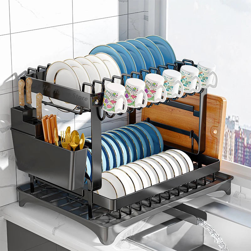Double-layer Kitchen Dish Bowl Drainer Storage Rack Household Tableware Drain Chopsticks Knife Fork Water Cup Storage Holder