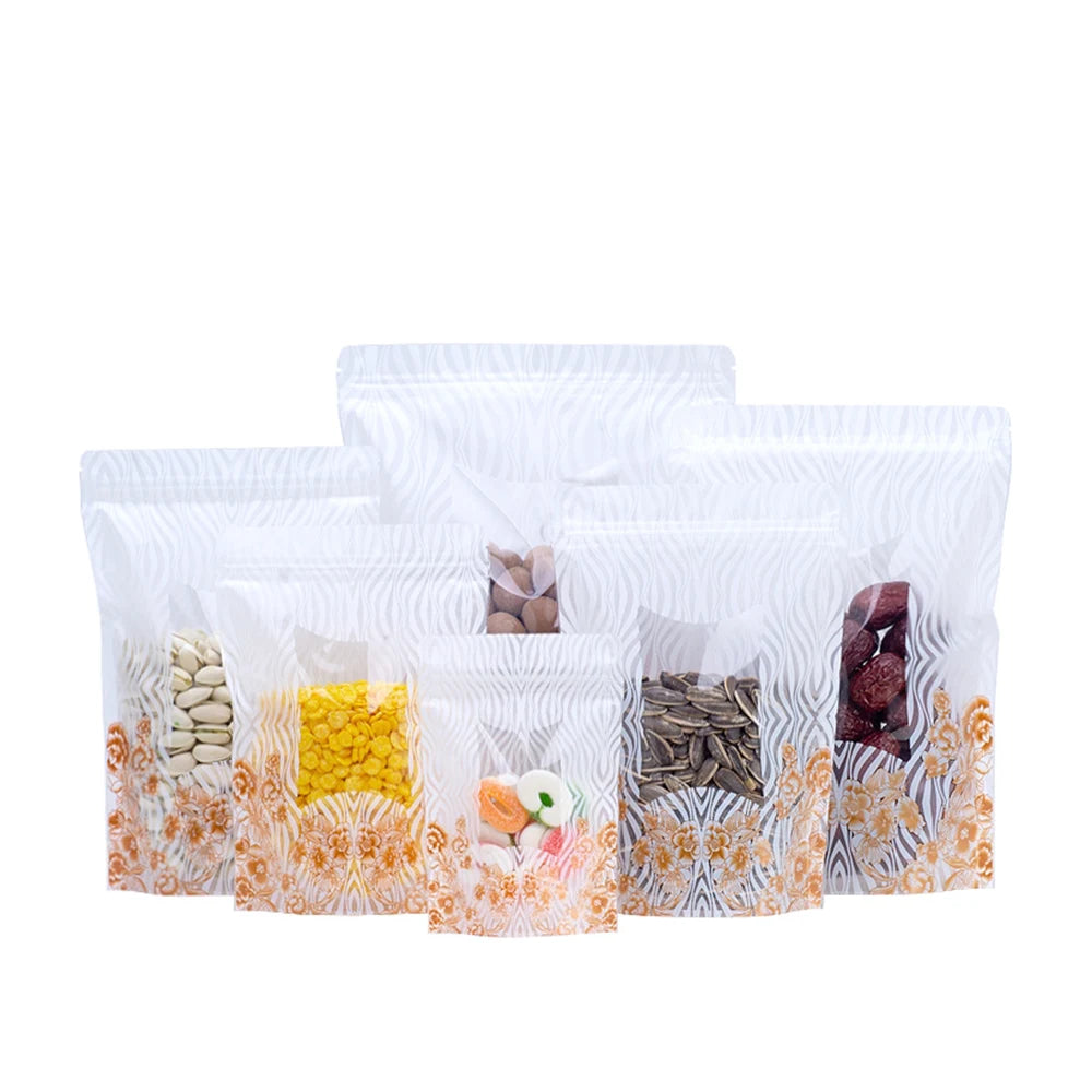 100Pcs/Lot Plastic Stand Up Pouches Ziplock Food Packaging Bags with Window Resealable Tear Notch for Nuts Snacks Coffee Bean