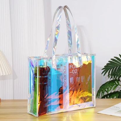 Iridescent Laser bag custom pattern transparent waterproof shoulder tote bag jelly bag hand carrying gift bag pvc plastic bag