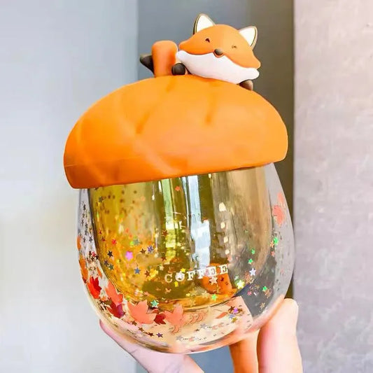 245ml New Autumn Maple Leaf Acorn Cute Fox Double Sequined Glass Coffee Cup Anti-scalding Gift Cup Water Bottle Kawaii Bottle