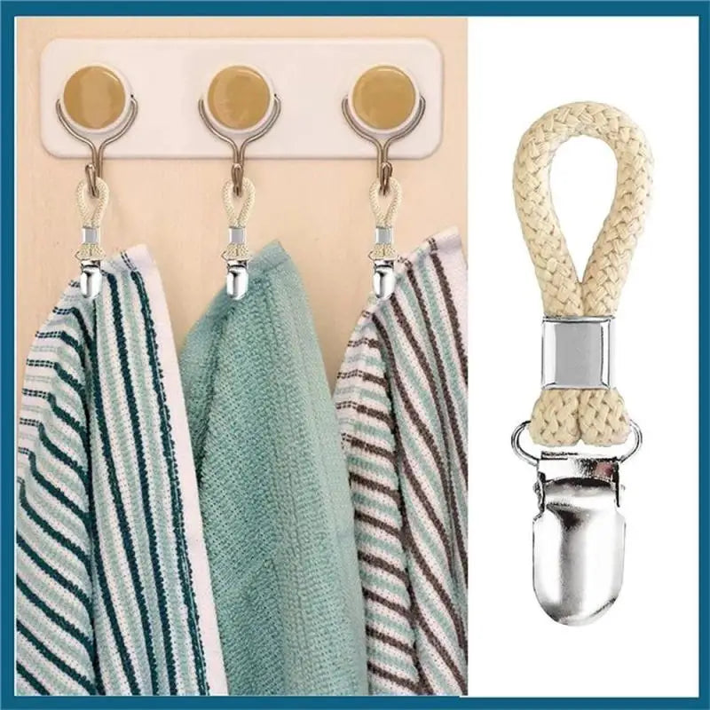 4PCS Bathroom Clips Braided Cotton Loop Metal Clamp Towel Clothes Pegs Household Multipurpose Cloth Hanger Kitchen Storage Racks
