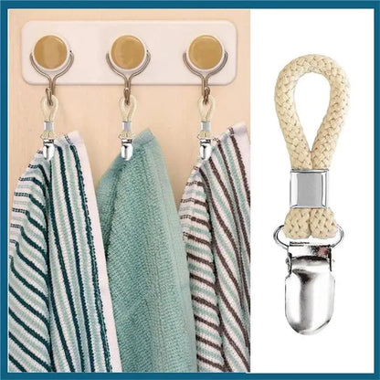 4PCS Bathroom Clips Braided Cotton Loop Metal Clamp Towel Clothes Pegs Household Multipurpose Cloth Hanger Kitchen Storage Racks