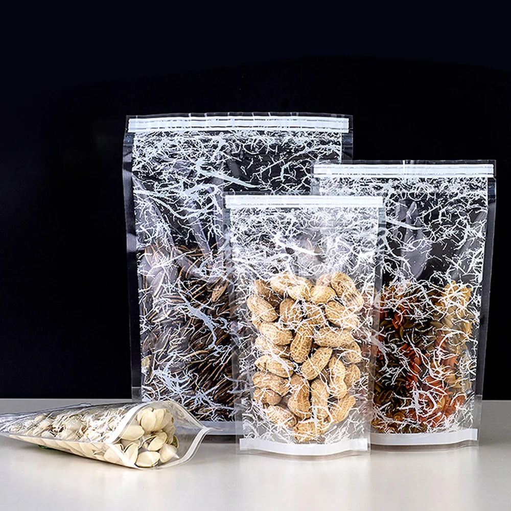 100Pcs/Lot Plastic Stand Up Pouches Ziplock Food Packaging Bags with Window Resealable Tear Notch for Nuts Snacks Coffee Bean