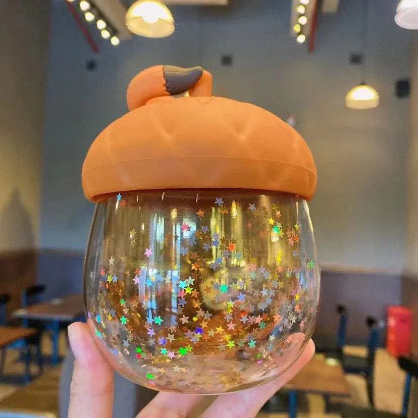 245ml New Autumn Maple Leaf Acorn Cute Fox Double Sequined Glass Coffee Cup Anti-scalding Gift Cup Water Bottle Kawaii Bottle