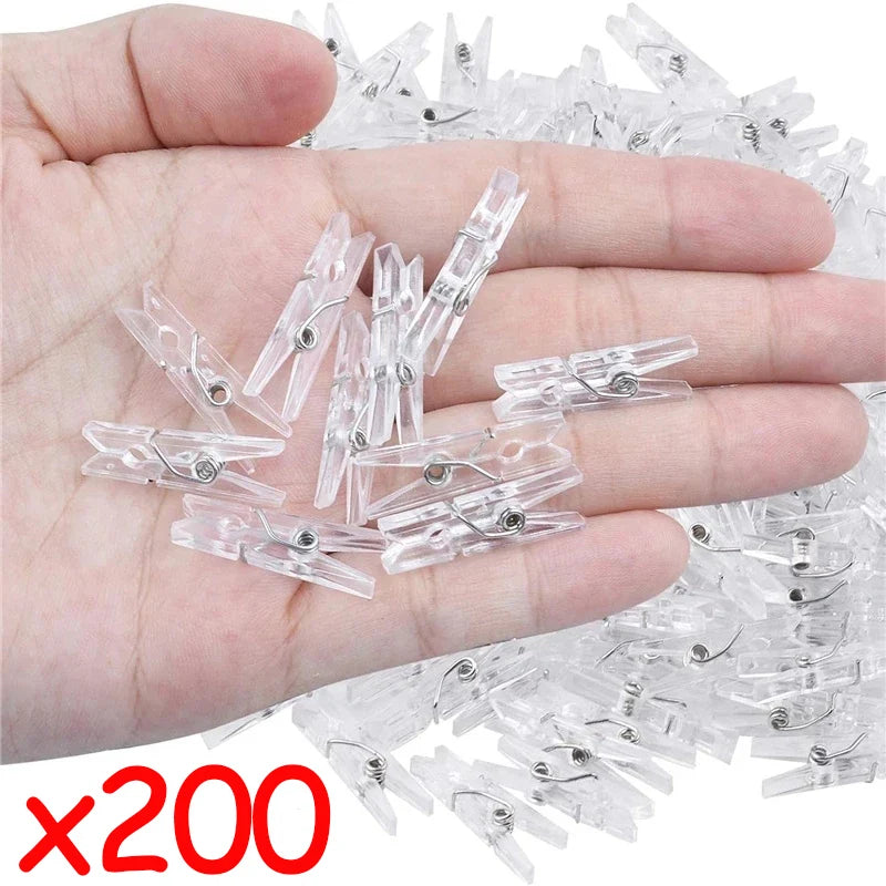 200/50Pc Mini Plastic Clips Transparent Photo Snack Sealing Clip Clothespins DIY Home Party Decoration Fairy Light Hanging Clamp