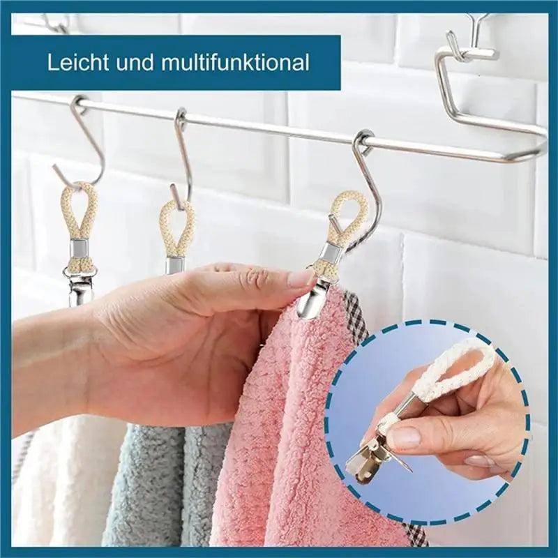 4PCS Bathroom Clips Braided Cotton Loop Metal Clamp Towel Clothes Pegs Household Multipurpose Cloth Hanger Kitchen Storage Racks