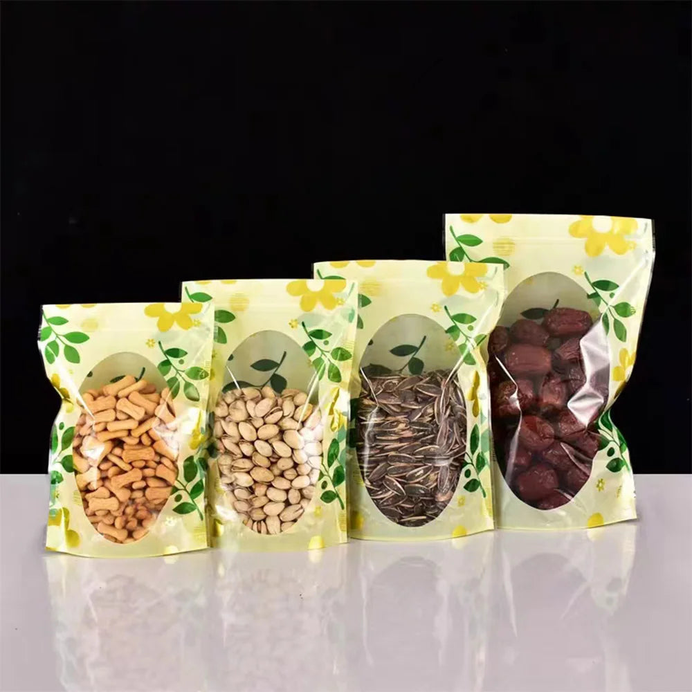 100Pcs/Lot Plastic Stand Up Pouches Ziplock Food Packaging Bags with Window Resealable Tear Notch for Nuts Snacks Coffee Bean