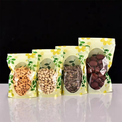 100Pcs/Lot Plastic Stand Up Pouches Ziplock Food Packaging Bags with Window Resealable Tear Notch for Nuts Snacks Coffee Bean
