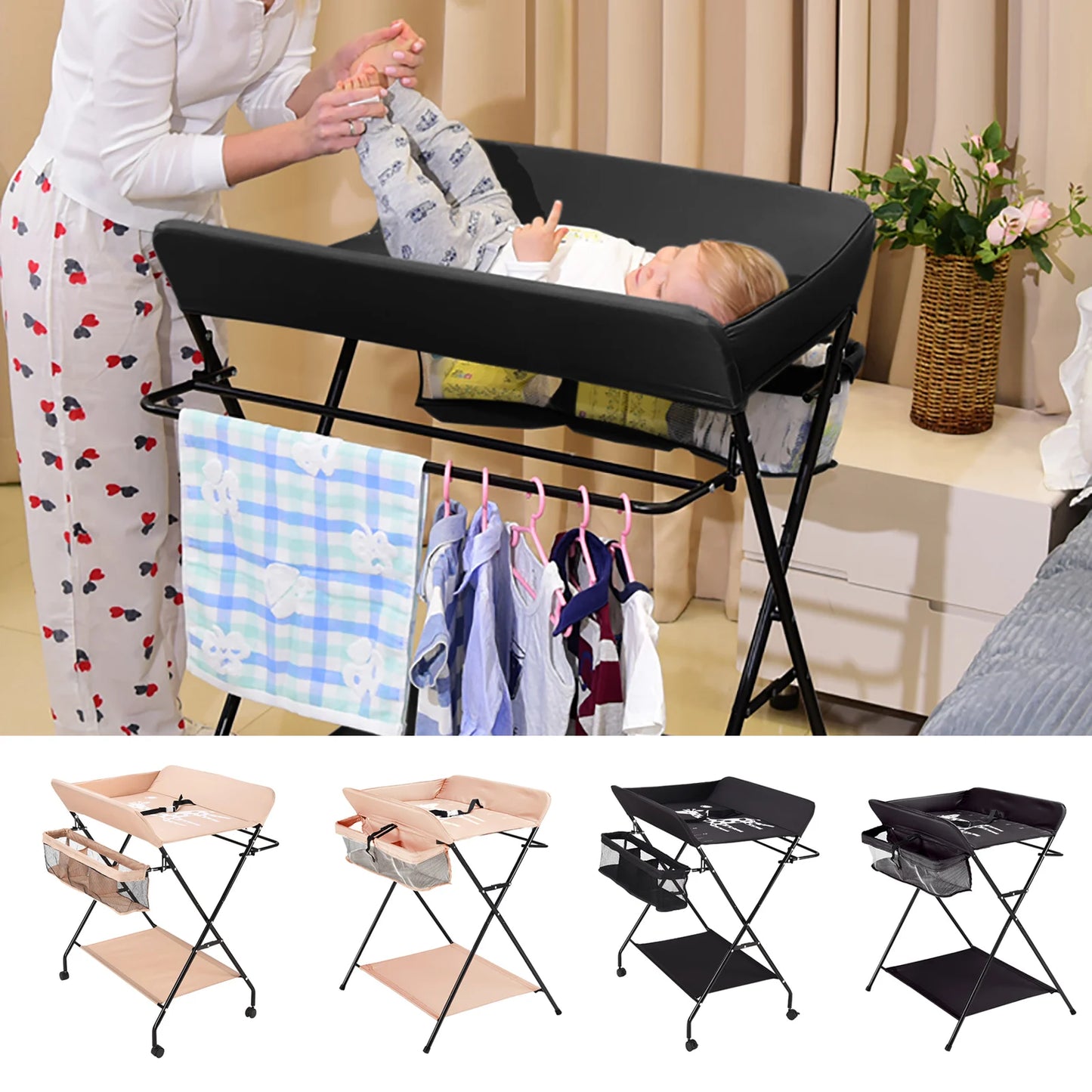 Portable Baby Changing Table Folding Nursery Changing Station Black/Khaki/Gray Load Capacity 15kg