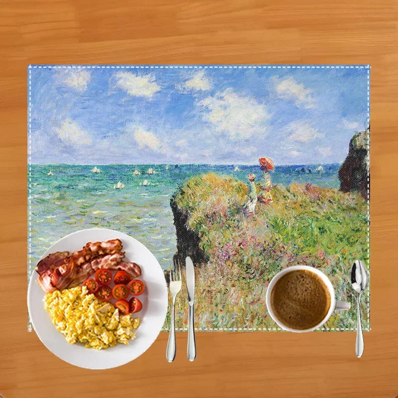 Famous Oil Painting By Claude Monet Table Mats Waterlily Lotus Flower Coffee Cup Pads Kitchen Accessories Linen Dining Placemat