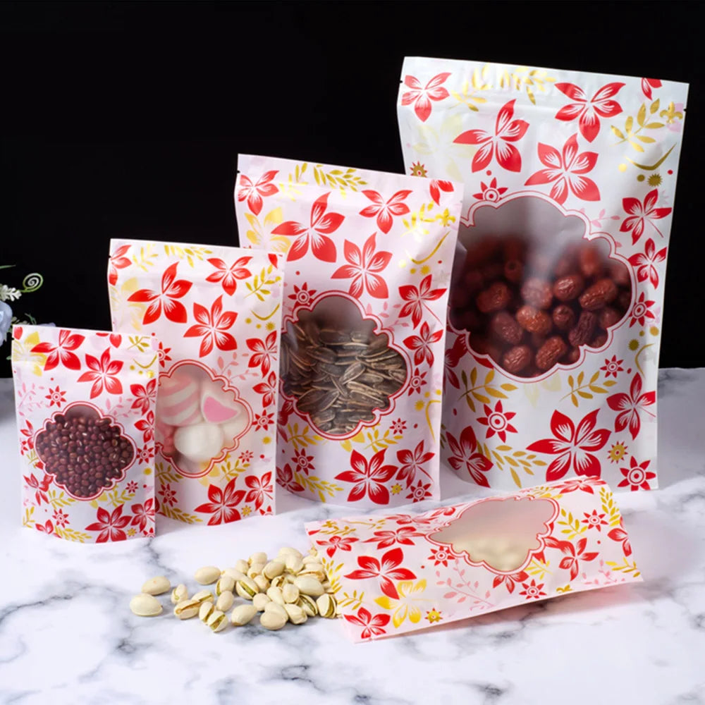 100Pcs/Lot Plastic Stand Up Pouches Ziplock Food Packaging Bags with Window Resealable Tear Notch for Nuts Snacks Coffee Bean