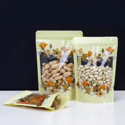 100Pcs/Lot Plastic Stand Up Pouches Ziplock Food Packaging Bags with Window Resealable Tear Notch for Nuts Snacks Coffee Bean