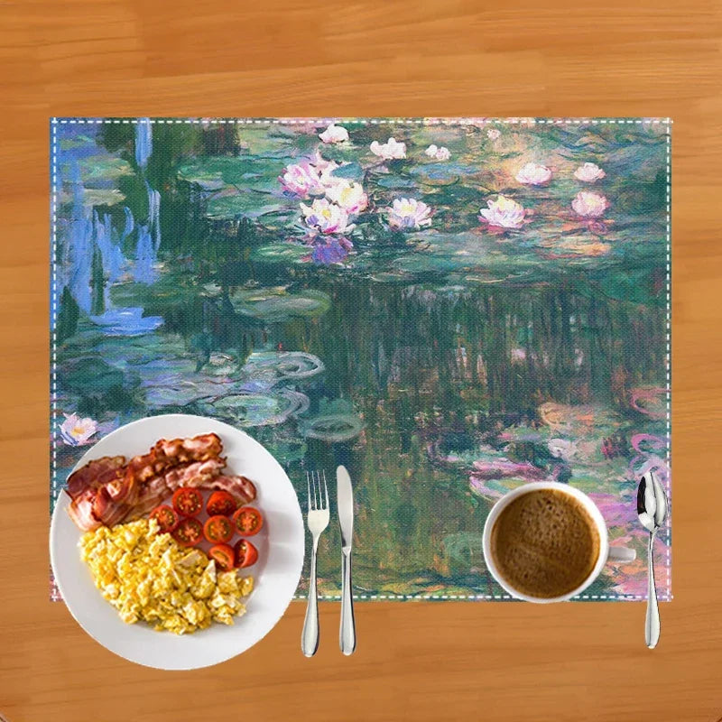 Famous Oil Painting By Claude Monet Table Mats Waterlily Lotus Flower Coffee Cup Pads Kitchen Accessories Linen Dining Placemat