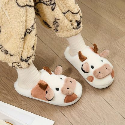 Cozy Home Cute Cartoon Cow Plush Half-Wrap Slippers, Couple's Matching Thickened Warm