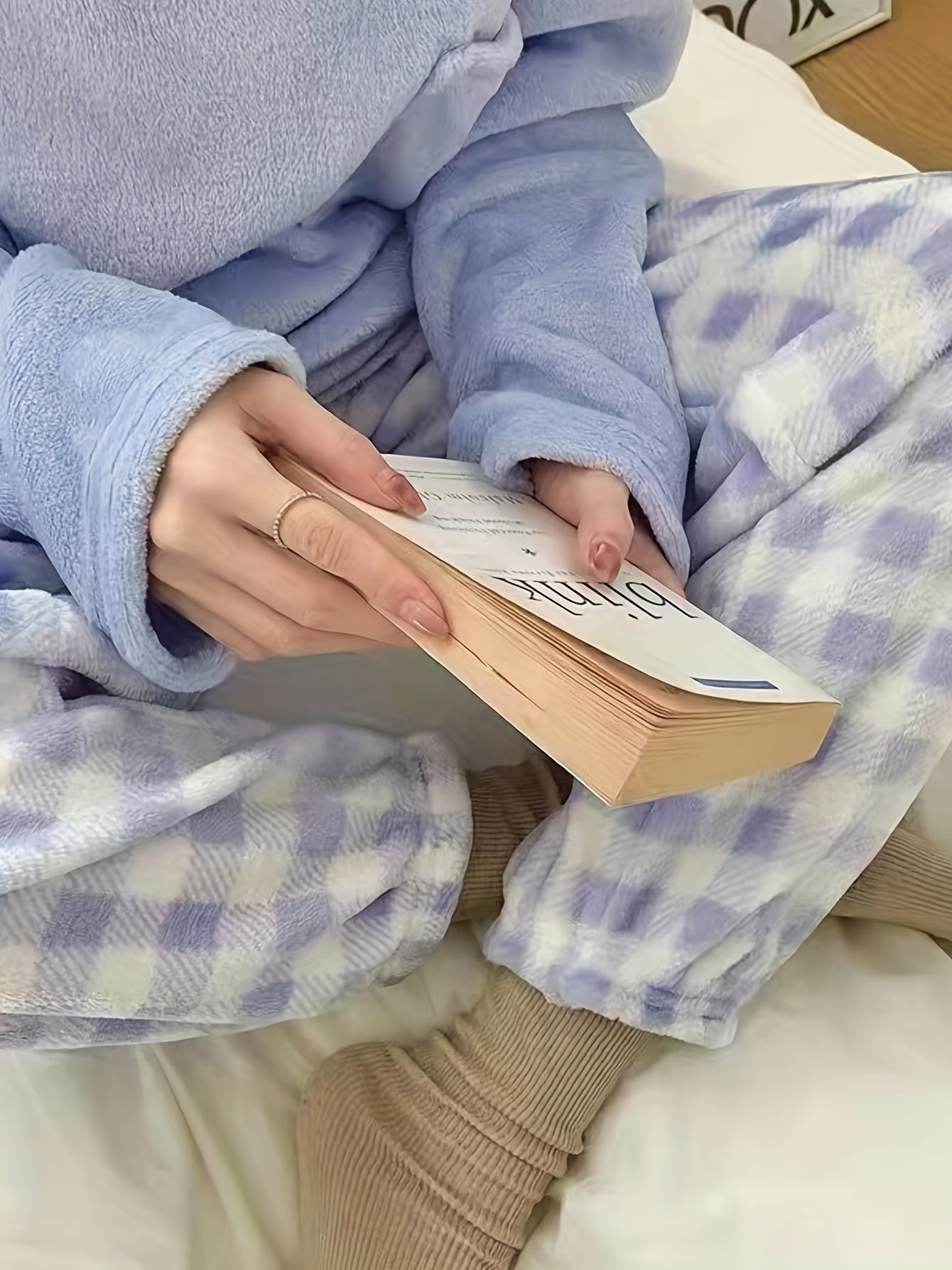 Velvet Plaid Winter Warm Pajama Set, Solid Color Casual Home Wear Set